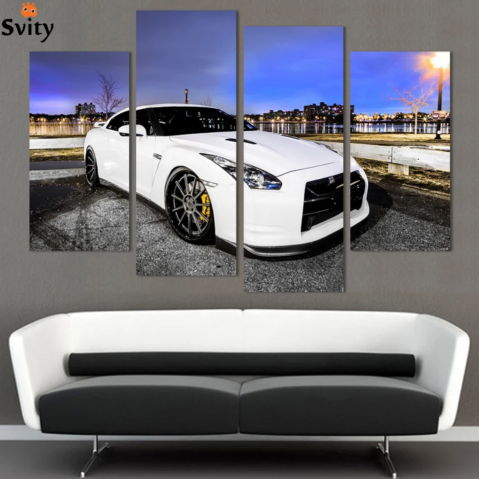 4 Pcs White Sports Car Wall Art painting Home Decoration Living Room