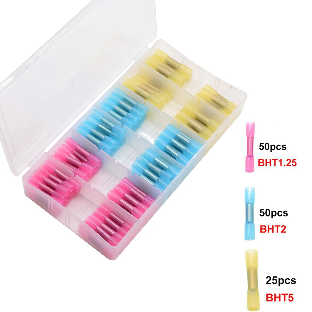 

125pcs/lot BHT1.25 BHT2 BHT5 Heat Shrink Butt Wire Crimp Terminal 10- 22 AWG Kit Insulated Waterproof Connector Red Blue Yellow