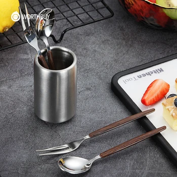 

WORTHBUY 304 Stainless Steel Tableware Plastic Handle Fruit Fork Dessert Spoon Set With Cutlery Container Kitchen Dinner Set