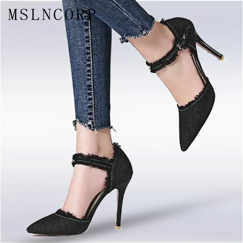 

Plus Size 34-47 Spring Summer High Heels Denim Sandals Dress Pointed Toe Ankle Buckle strap lady Pumps sexy Women Party shoes