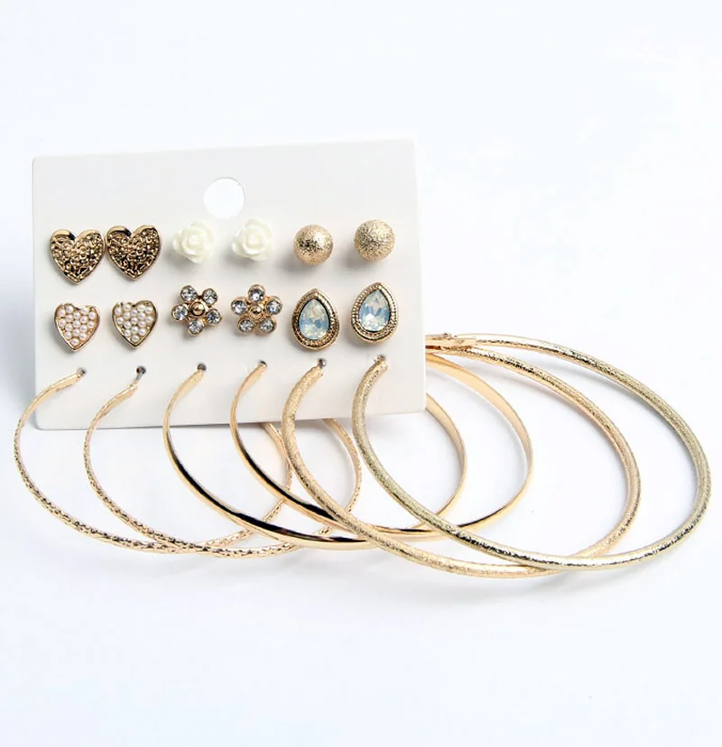 

New 9 Pair/set Vintage Gold Sliver Color Big Circle Hoop Earrings for Women Steampunk Ear Women Flower Earring Set Party Jewelry