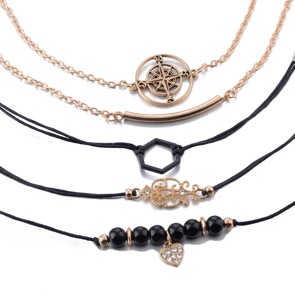 Sindlan 5 шт. крутые черные браслеты с компасом набор тотемный шестигранный очаровательный браслет хрустальные бусины на запястье цепочка браслет в стиле бохо браслеты для женщин