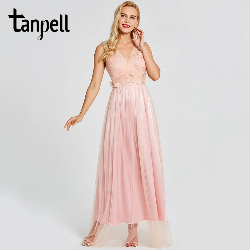 

Tanpell flowers a line prom dress pink sleeveless v neck ankle length dresses women backless appliques formal evening prom gown