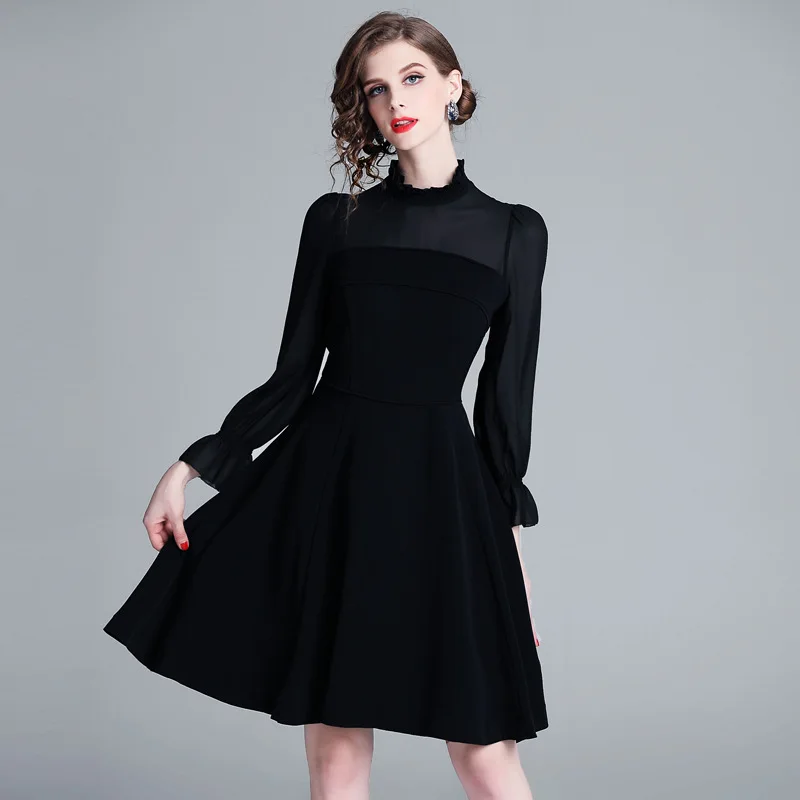 

Women's Black Half-high Collar Dress British Wind Trumpet Sleeves Long Temperament A Word Skirt 2019 Spring New