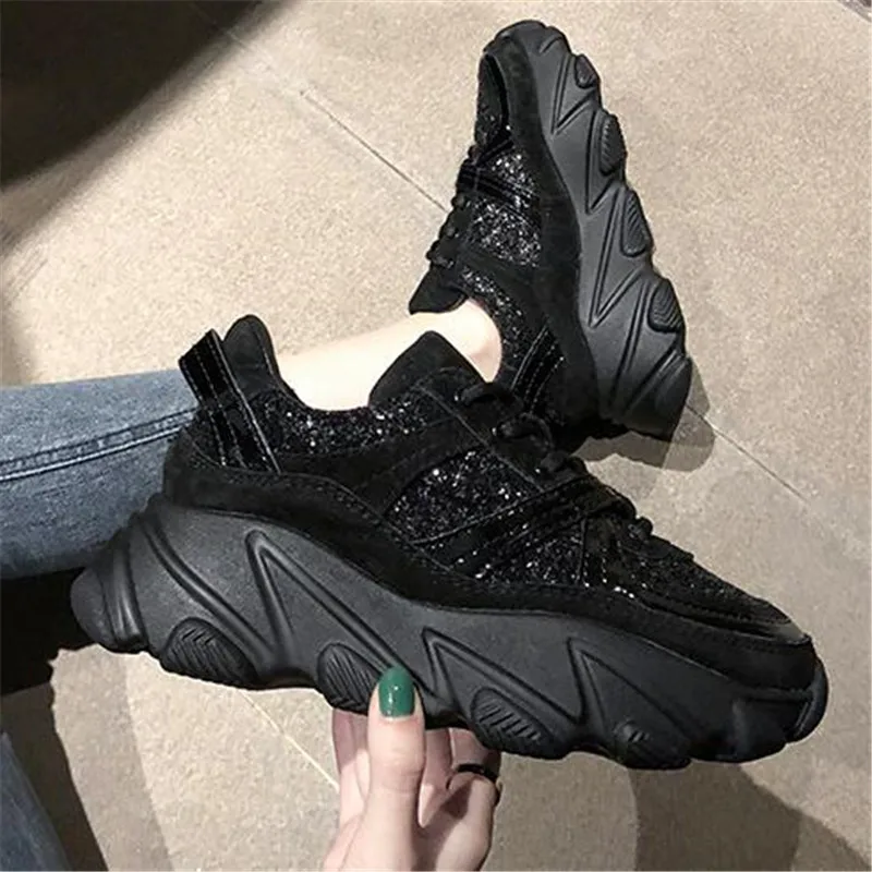 

2019 women snekaers fashion platform sneakers chunky dad shoes black white shoes women Glitter Trainers Platform Wedges shoes