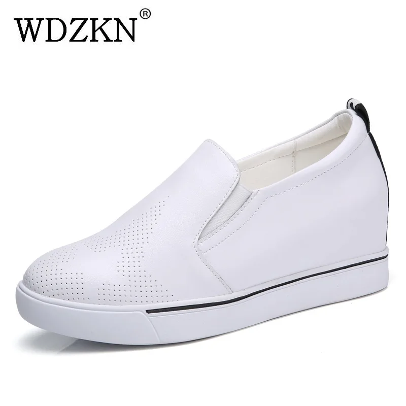 

WDZKN 2018 Spring Summer Women Casual Shoes Breathable Height Increasing Women Slip On Shoes Soft Cowhide High Heel Sneakers