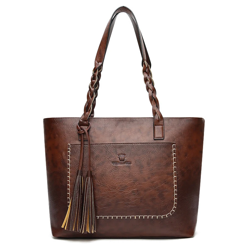 LEFUR Прямая поставка Женская кожаная сумка модная женская сумка через плечо с кисточками Женская винтажная сумка на плечо Повседневная bolsas - Цвет: Dark Brown