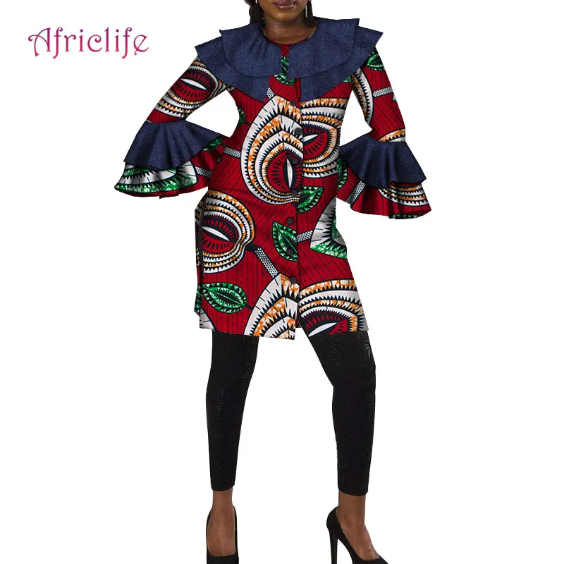 Африканская печать Кнопка платье для женщин Базен Riche лоскутное платье с расклешенными рукавами рубашка Дашики 100% хлопок африканская