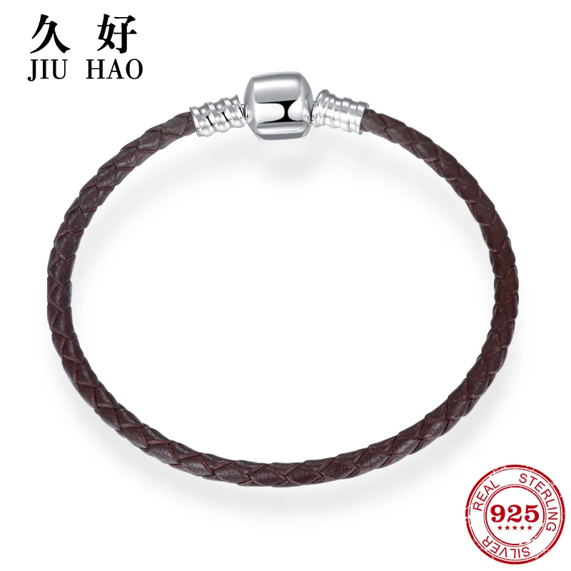 

100% Genuine Brown Leather rope Bracelets 925 Sterling Silver Women Weave Snake charms chain jewelry fashion 2018