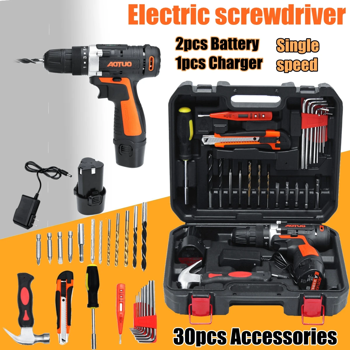 

Cordless 12V Electric Multi-function Screwdriver Single/Double Speed 34Pcs Set Household Power Tool with Case LED Light