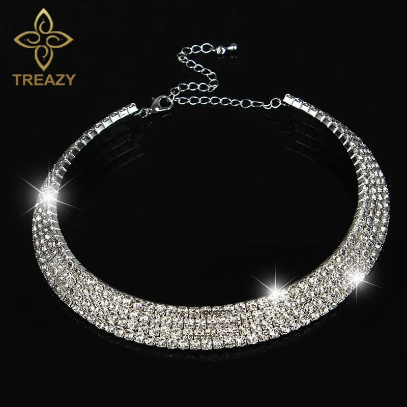 TREAZY Сверкающее серебряное ожерелье-чокер на цепочке с кристаллами для невесты, свадебной вечеринки, стразы-чокер, ювелирные изделия, подарки - Окраска металла: 4 Row Crystal