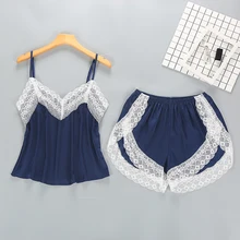 Ladies Sexy Silk Satin Sleepwear Set Lace Pajama Set Sleeveless Pyjama Femme V-neck Pijama Set Top+Shorts Summer Nightwear white rose embroidery v neck sleeveless pajama set