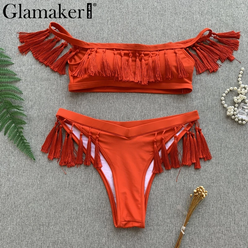 Glamaker Tassel off shoulder two-pieces suit boydsuit Women thong push up beach bodysuit romper Female sexy summer red overalls
