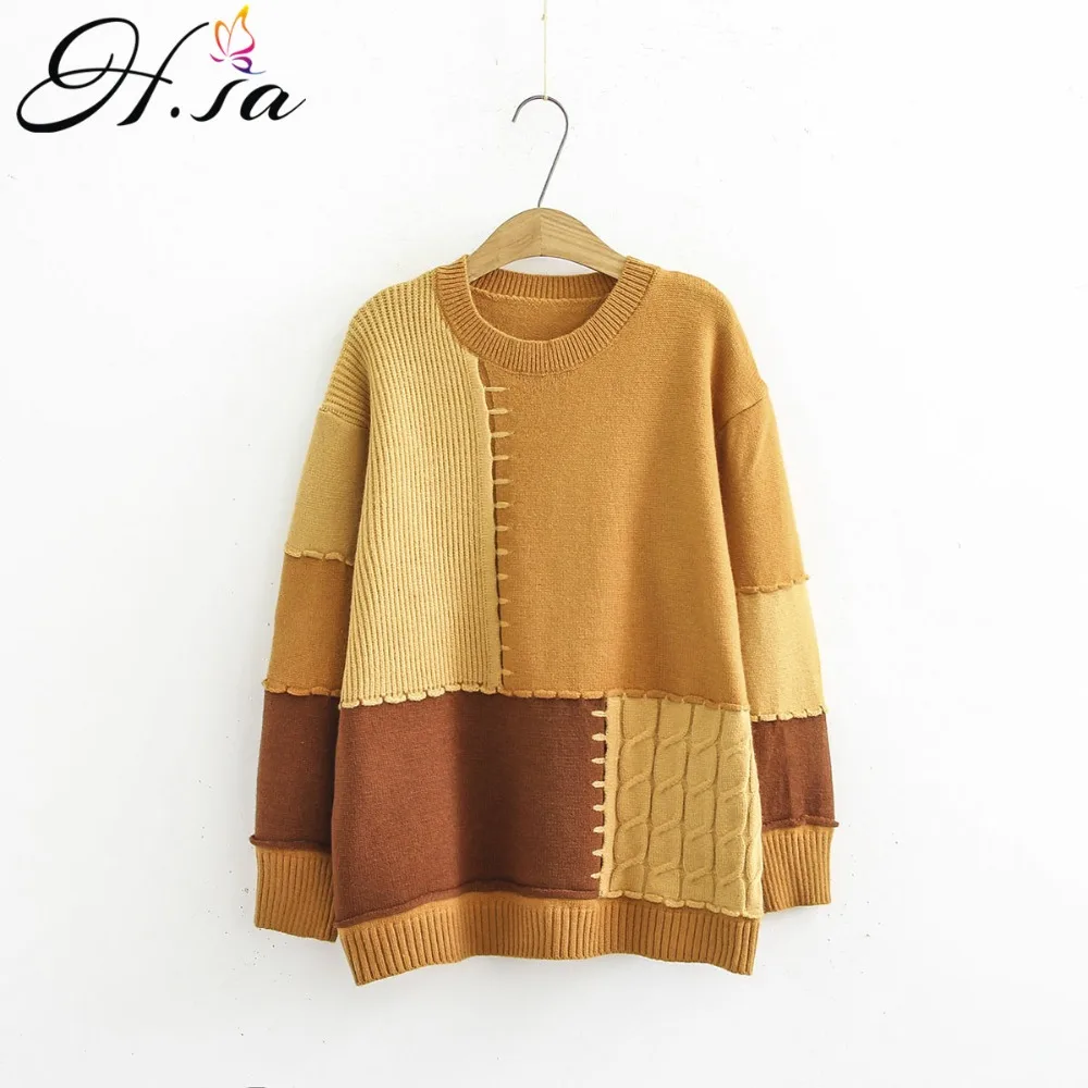 

H.SA 2018 Women Chic Sweater and Jumpers Autumn Winter New Patchwork Oversized Jumpers Loose Korean Geometric chaqueta mujer Top