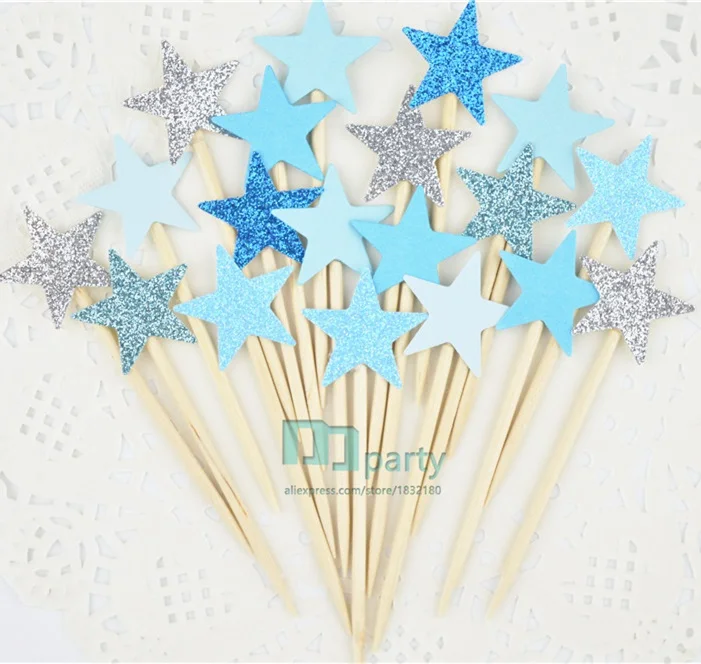 

40pcs bule Glitter Star Cupcake Toppers bule Party Supplies Twinkle Little Star Party 1st Birthday Wedding New Years Eve Party