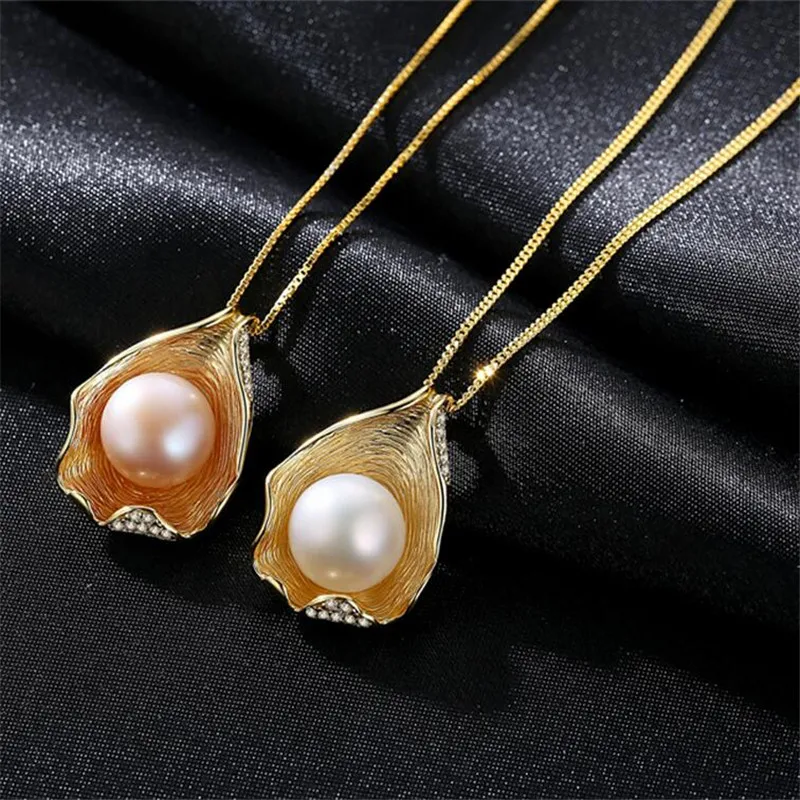 

Gold 925 Sterling Silver Fashion Freshwater Pearl Necklace Simple Shell Necklace Nautical Jewelry Cute Conch Seashell Necklaces