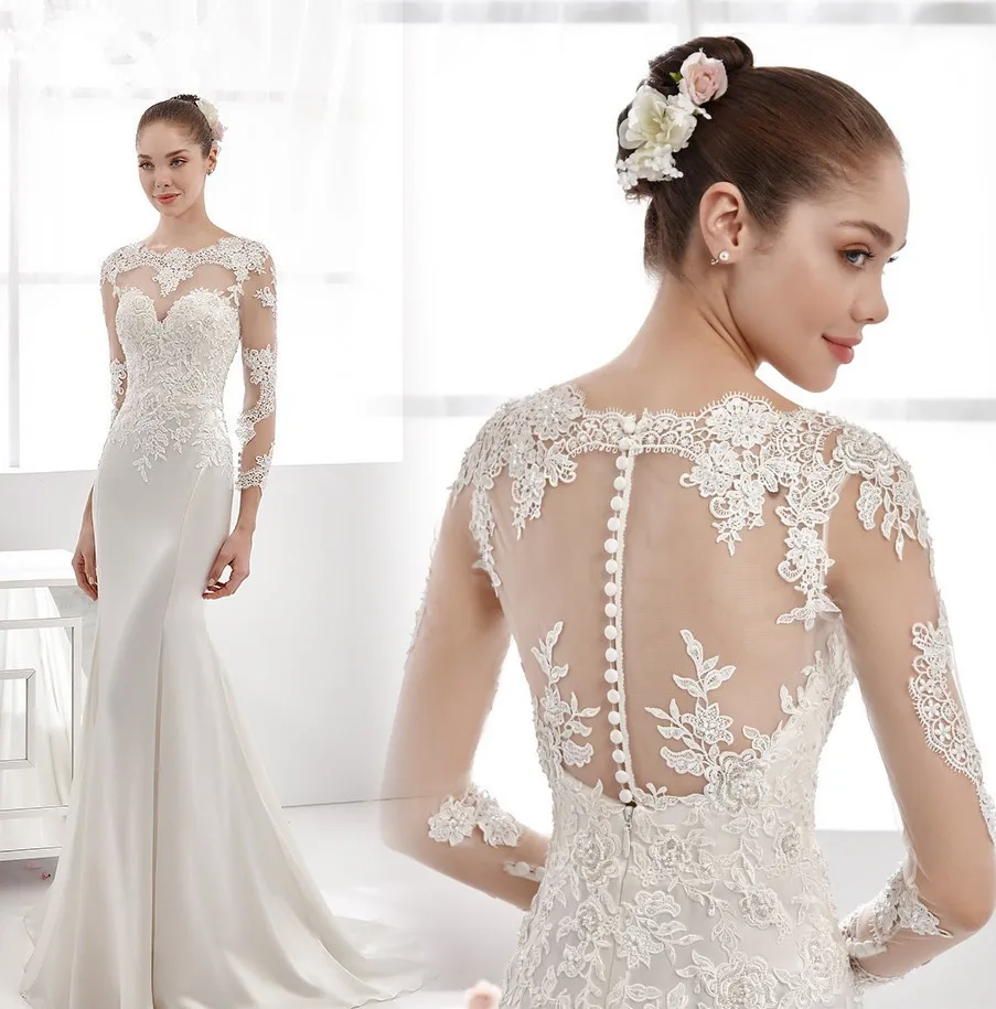 

New Arrival Sexy Wedding Dress 2018 Long Sleeves Court Train Lace Satin Mermaid Bridesmaid Dresses Button Back plus size maxi