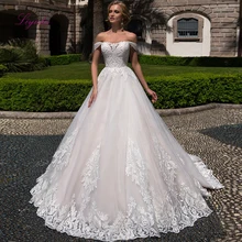 Liyuke Свадебное бальное платье, свадебное платье на шнуровке с аппликацией, Тюлевое платье с вырезом лодочкой и открытыми плечами на заказ