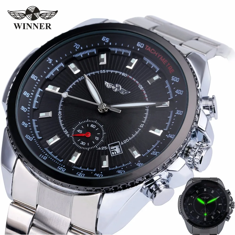 Winner Men's Automatic Mechanical Watch Stainless Steel Strap Date Calendar Sub-dial Supersize NEW FASHION SPORTS DESIGN winner men skeleton automatic mechanical watch leather strap sub dials supersize case date calendar box