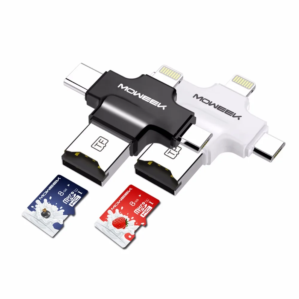 Moweek M44 4 в 1 Card Reader Lightning/Тип-c/Micro USB/USB 2,0 Multi-Функция Micro SD Card Reader для iPhone 5/5S/6/6 s plus/6s