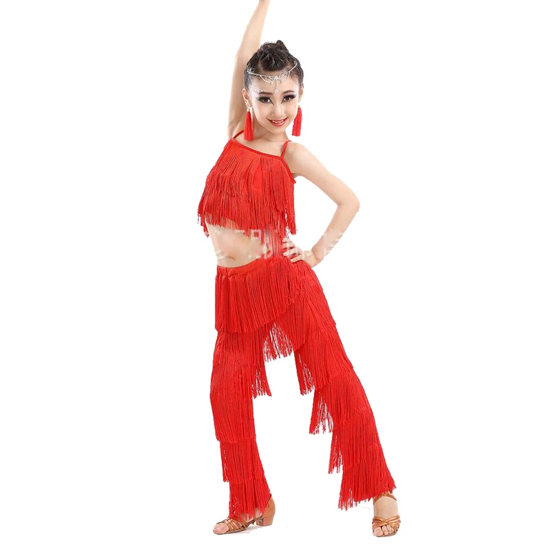 Цвета Самба одежда для латинских танцев костюмы для девочек сальса бальные бахрома отделка танцевальный топ и брюки костюм для взрослых бальное платье для танцев - Цвет: Красный
