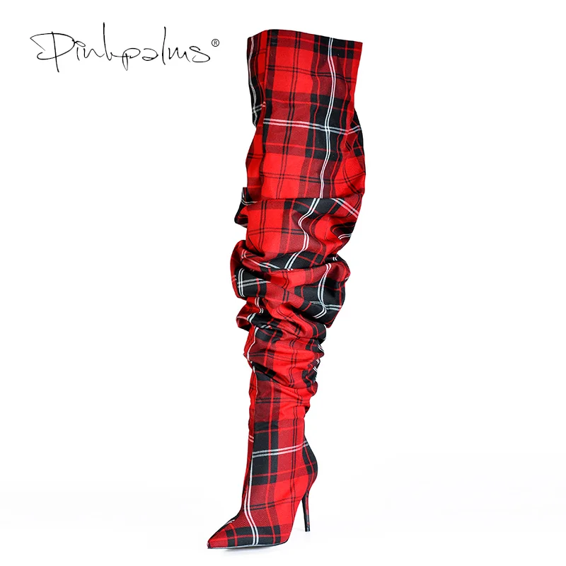 

Limited Edition Pink Palms Shoes Women Pleated Boots in Sexy Winter Over the Knee Boots Women High Heels Plaid Boots Red