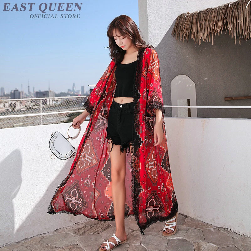 Kimono de playa rojo para mujer, con protección solar, blusa femenina Bohemia elegante con estampado tops de verano 2019, Camisa larga para mujer AA4820|Blusas y camisas| - AliExpress