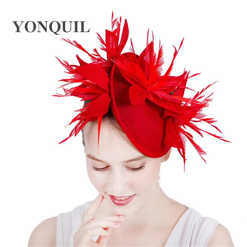 

New red imitation Sinamay Fascinators Elegant Ladies feather Floral Hat hairclips British Wedding Party Derby Hair Accessories