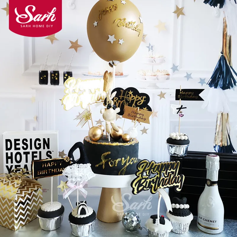 

INS Style Black White Gold Swan Wishing Ball "Happy Birthday" Collection Cake Topper for Party Decoration Dessert lovely Gifts