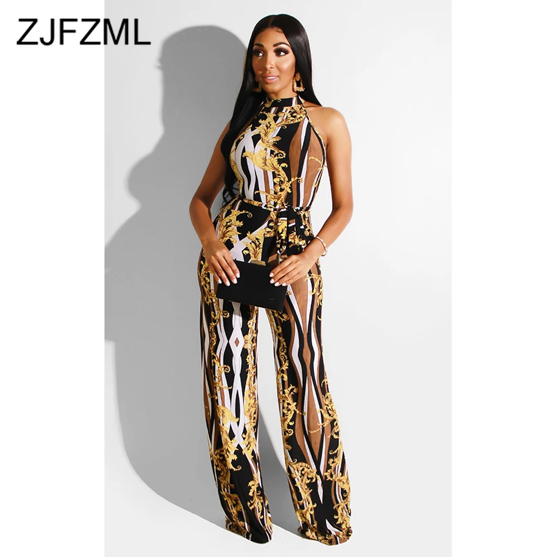 

Sexy Print Summer Jumpsuit Women Deep V Neck Backless Skinny Wide Leg Playsuit Elegant Ladies High Waist Full Length Overalls