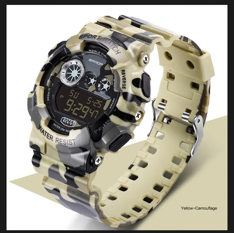 SANDA дизайнерские роскошные мужские спортивные часы мужские цифровые часы камуфляжные водонепроницаемые электронные часы Военные Наручные часы для бега - Цвет: Цвет: желтый