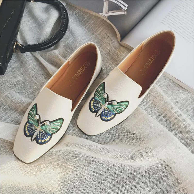 

Jookrrix 2018 Spring Fashion Brand Shoes Women Retro Square Toe White Shoe Butterfly Embroidery Lady Flats Shoes Slip On Black
