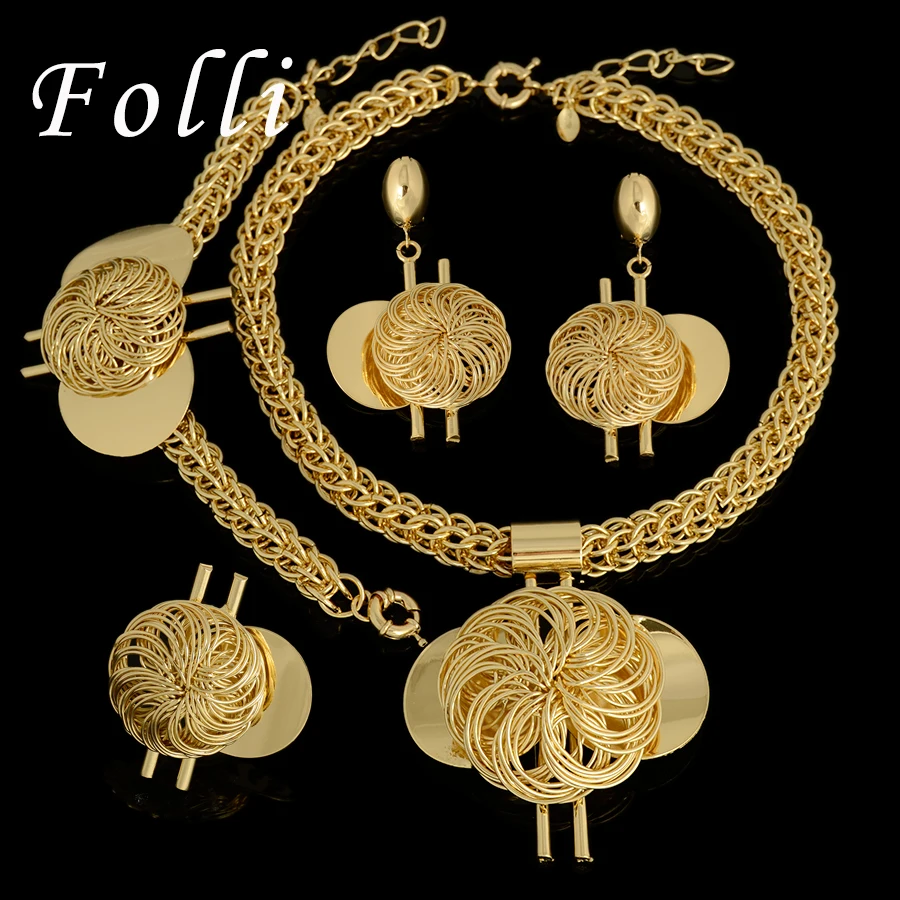 2017 Fashion New Big African Wedding Bridal Costume jewelry sets Dubai Indian Gold Color Long Big Pendant Necklace Sets Women
