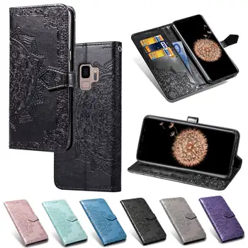 

50pcs/lot Vintage Embossing Mandala Flower Wallet PU Leather Case For Samsung Galaxy S8 S9 Plus Flip Cover Coque