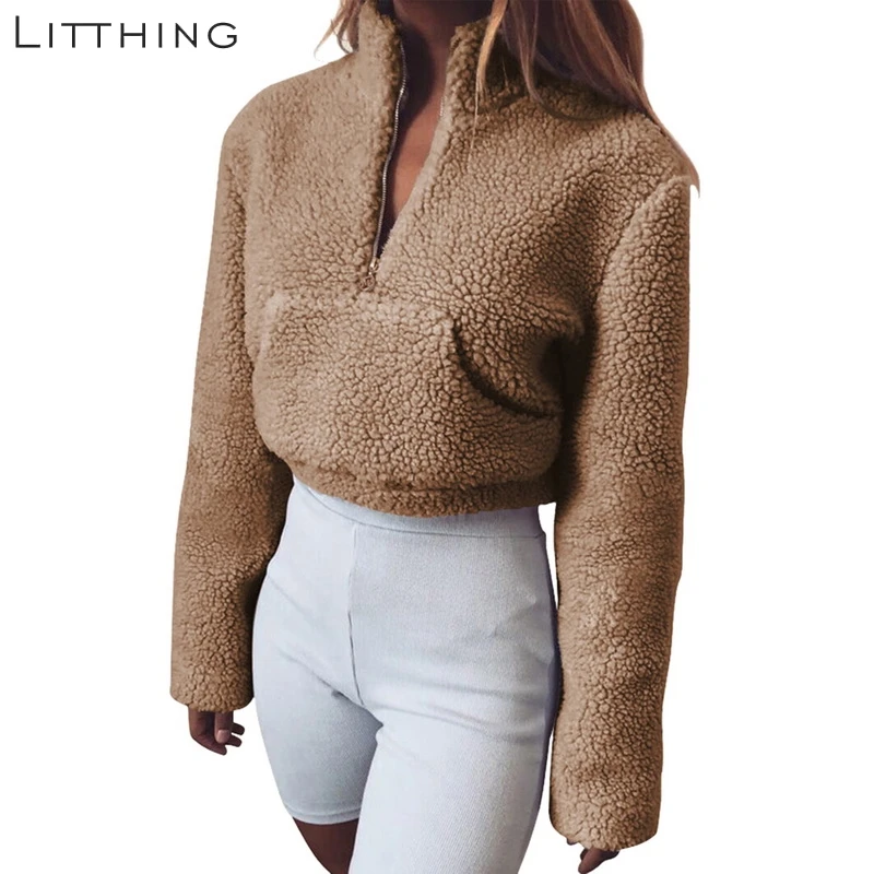 LITTHING Fashion Women Winter Fluffy Turtleneck Crop Top