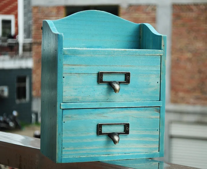 ZAKKA винтажная деревянная коробка для хранения украшения двойной ящик для хранения шкаф косметические настольные поделки мебель настенный шкаф подарки - Цвет: Синий