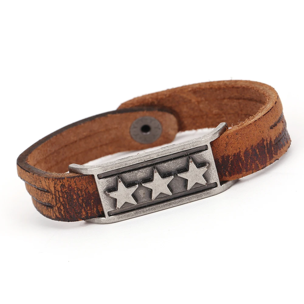 Wholesale Star Engraved Metal Bracelet Vintage Leather Bracelet Genuine Leather Wristband-in ...