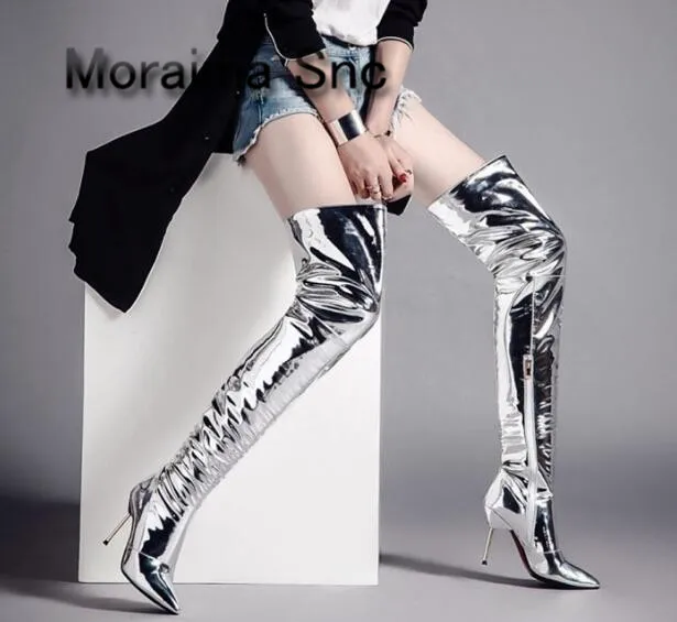

Moraima Snc long boot sliver Patent leather over the knee boots pointed toe sexy high heels thigh high boots pleated shoes women