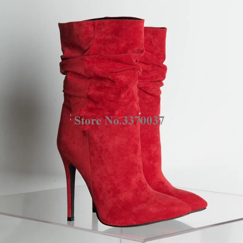 Botas de piel de ante con punta estrecha para mujer, botines de media caña,  tacón alto, sin cordones, color rojo y negro - AliExpress Calzado