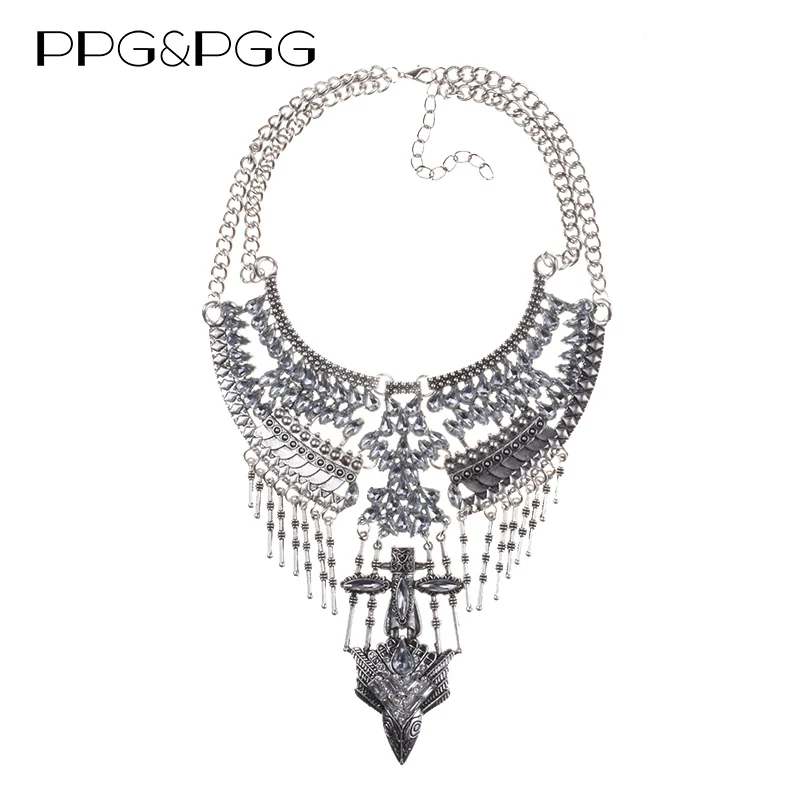 

Fashion Jewelry Vintage Silver Chain Choker Statement Maxi Necklaces Gipsy Style Crystal Collares