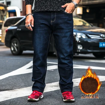 

Plus Size 28-40 42 44 46 48 Jeans For Men Winter Warm Fleece Thickening Blue Pants Mens Casual Straight Slim Trousers Male 2019