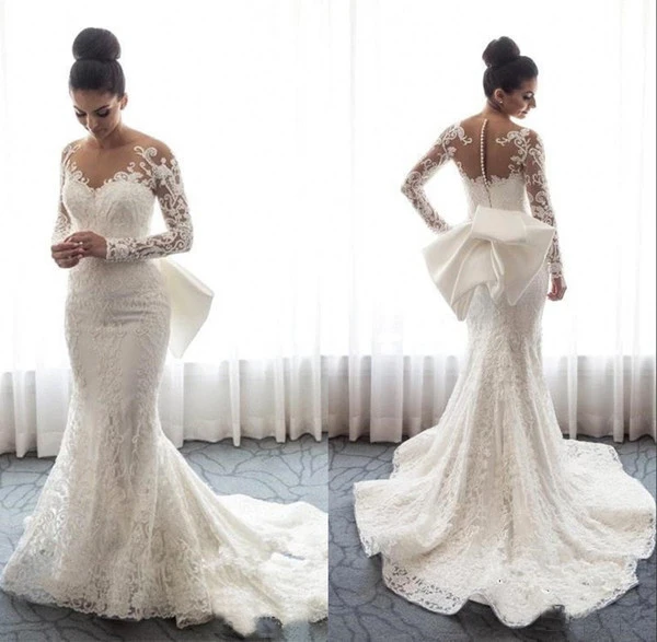 2019 Sheer Long Sleeves Lace Mermaid Wedding Dresses Tulle Applique Wedding Bridal Gowns With Detachable Skirt robe de mari&eacute;e BC0093