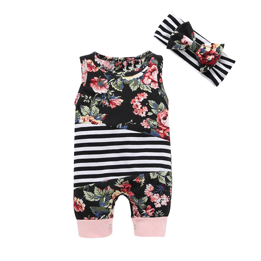 

Kid Clothes Teen Summer Clothes 2019 Baby Boys Girls Sleeveless Striped Print Floral Romper Jumpsuit Headband Kids Outfits Sets