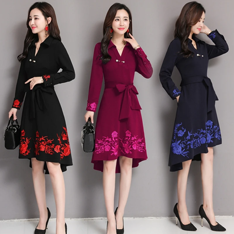 

2019 Spring New Irregular Women Dress Long Sleeve V-eck OL Bandage Dress Elegant Flower Embroidery Party Dress Female Vestido