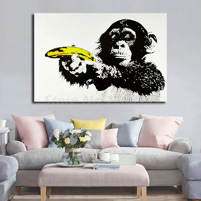 

Monkey Holding Banana Gun By Banksy HD Canvas Posters Prints Wall Art Painting Decorative Picture Modern Home Decoration Artwork