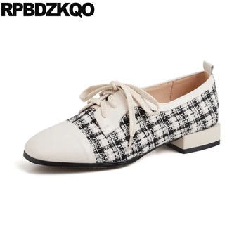 

Oxfords Ladies Beautiful Flats Shoes British Style Black And White Plaid Genuine Leather Lace Up Gingham Cloth Square Toe Women