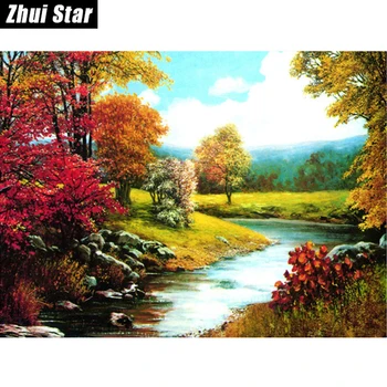 

Creek red tree 50x37 Needlework Square Embroidery Diy Diamond Painting Drill Rhinestone Full Pasted Pattern Decoration Paintings
