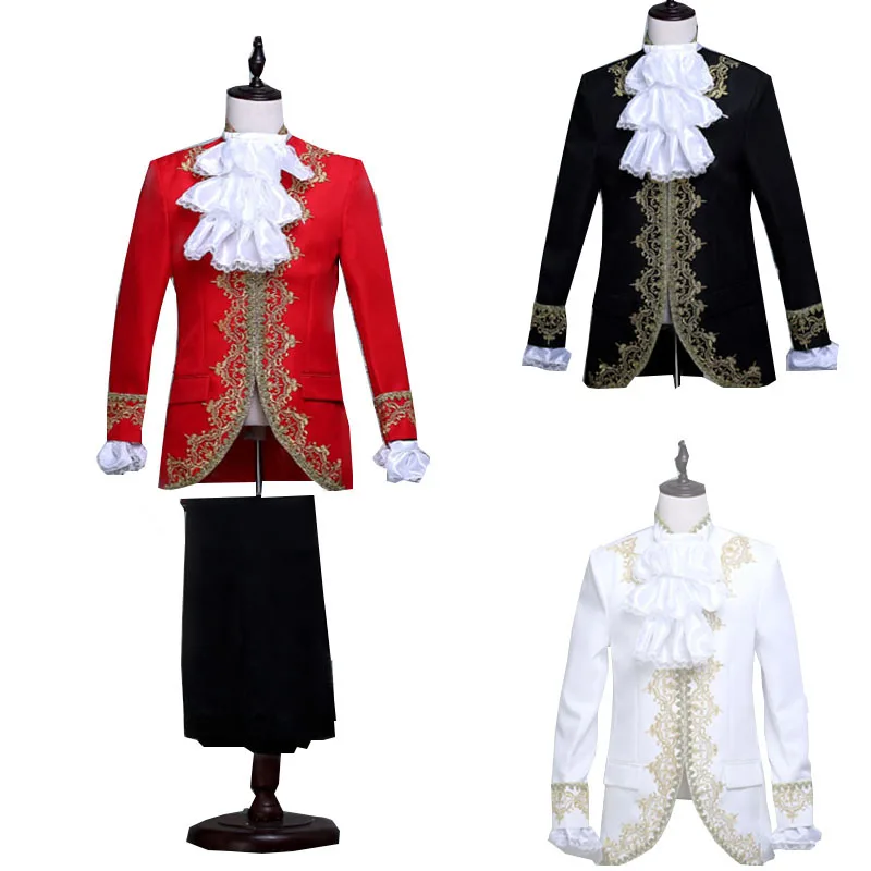

Victoria Military King Prince Wedding Costume For Adult Men Festival Jacket Lace Jabot Tie Top Pants Blazer Coat Suit Halloween