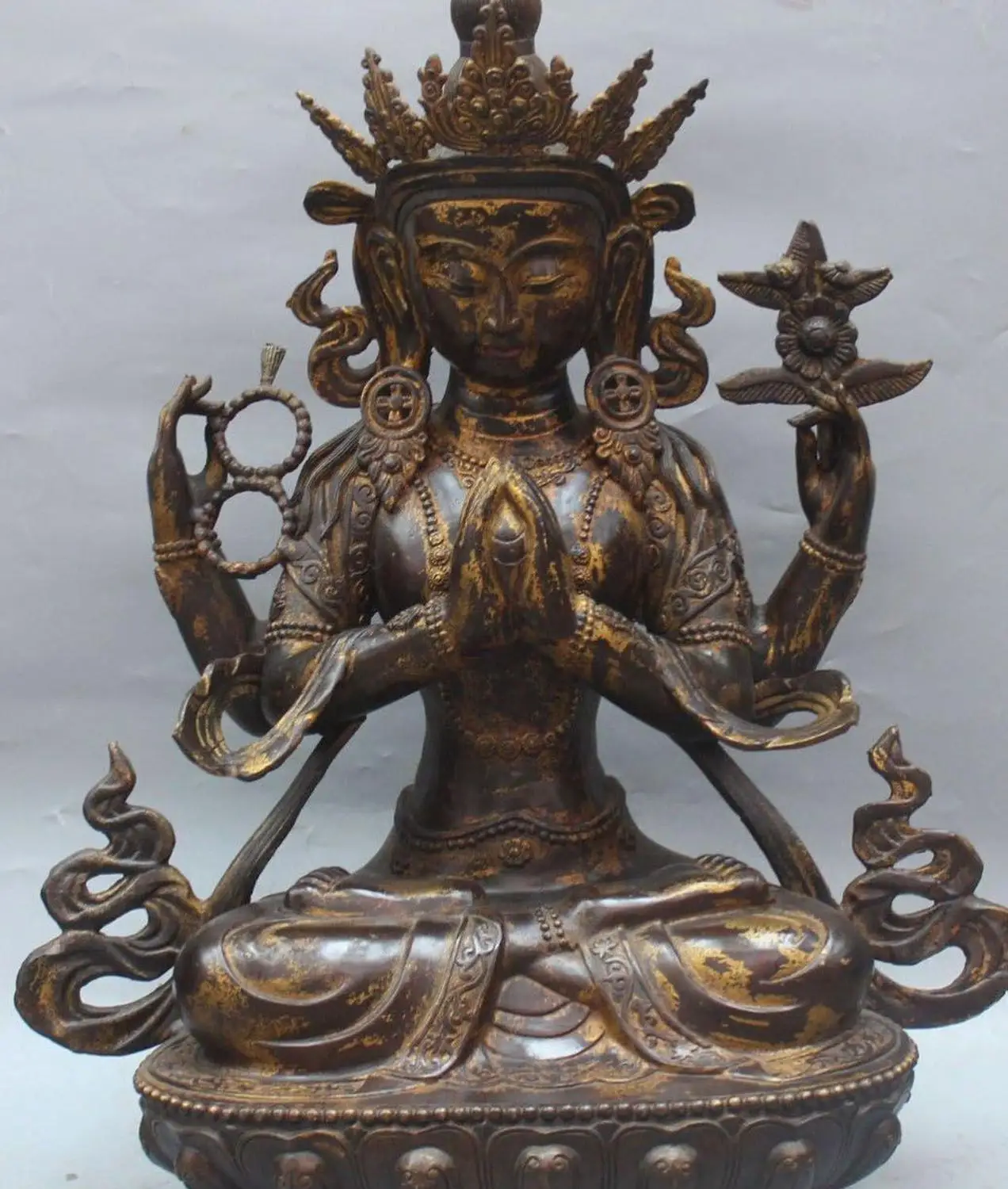 

27" Huge Old Tibet Purple Bronze 4 hands Arms chenrezig Buddha On Lotus Statue