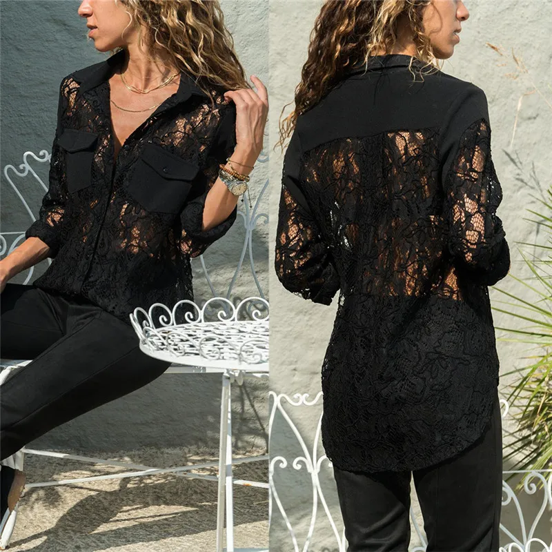 Blusas Y Camisas موهير 2018 الربيع الخريف الدانتيل الكروشيه النساء البلوزات قمم طويلة الأكمام قميص السيدات شفافة أعلى قميص فام Blusas Y Camisas موهير 2018 الربيع الخريف الدانتيل الكروشيه النساء البلوزات قمم طويلة الأكمام قميص السيدات شفافة أعلى قميص فام